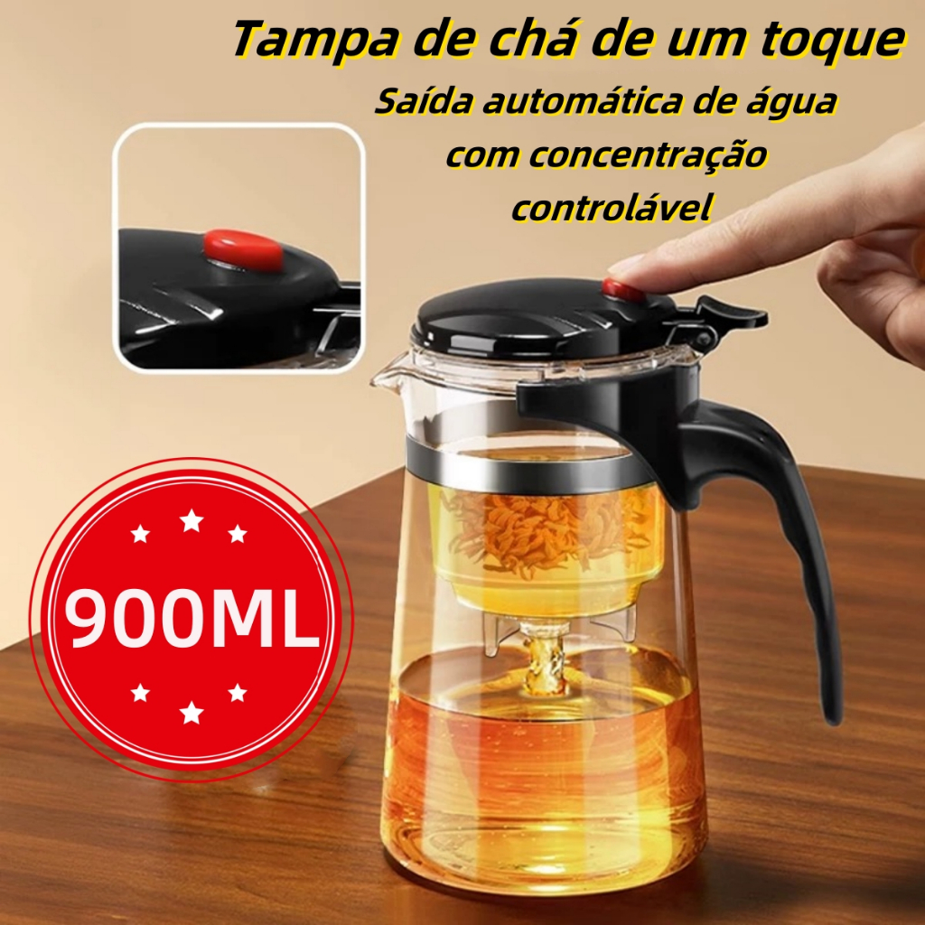 Chaleira Bule Jarra de Vidro 900ML Com Tampa de Chá de um Toque Para Chá Com Infusor Reutilizável