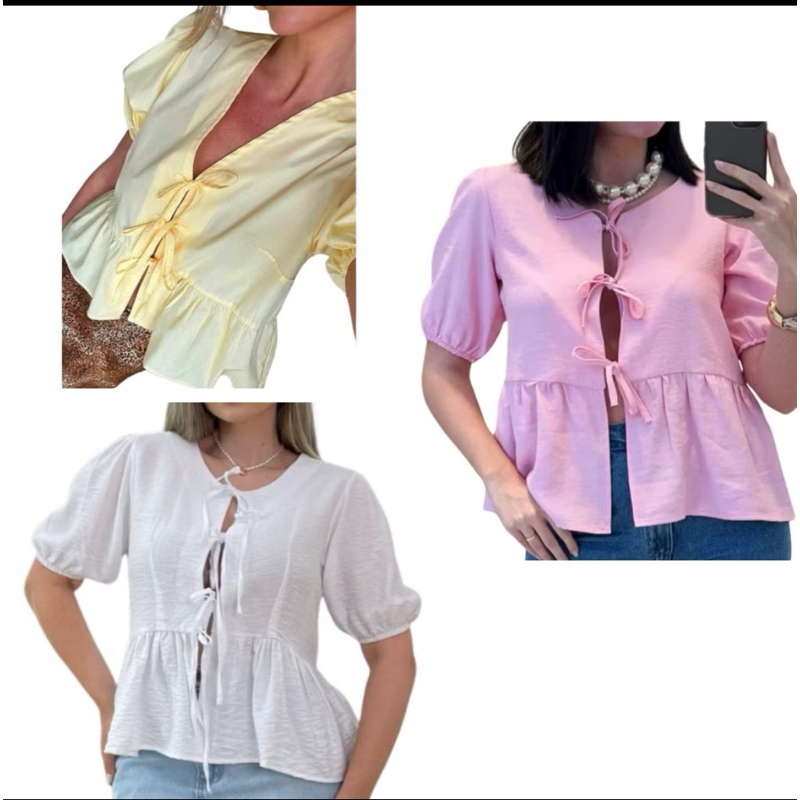 Blusa Bata Feminina Peplum Laço Frontal Amarração Linho