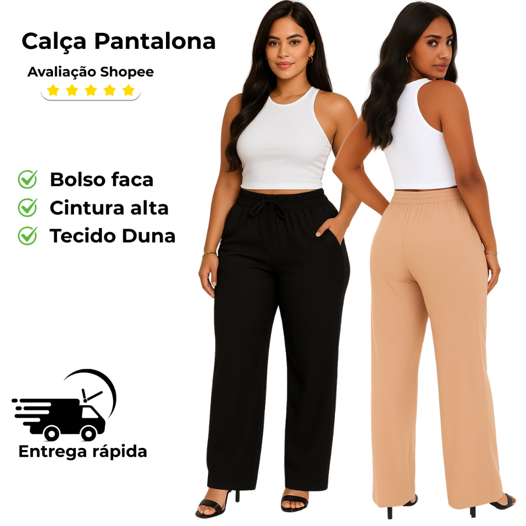 Calça Pantalona Feminina com Bolso Tecido Duna
