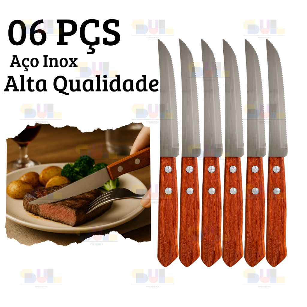 Kit 6 Faca de Cozinha Aço Inox Cabo Madeira Serrilhada Cozinha Comida Talher em Oferta na Shopee