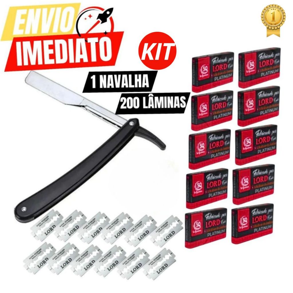 Kit De Navalha Navalhete + 200 Lâminas Inox cabo Plástico Premium Leve Destreza Barbear Barbearia Cabeleireiro Premium