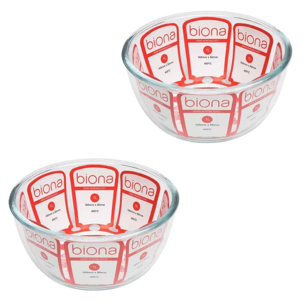 2 Tigelas de Vidro Redonda 1L Biona borosilicato Saladeira Bowl
