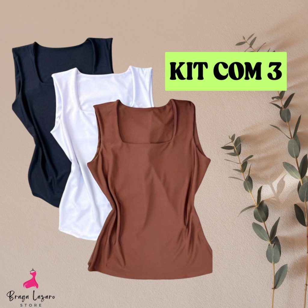 KIT 3 Blusa Regata Feminina Decote Quadrado Reto Suplex Premium Liso Lançamento Verão Moda...