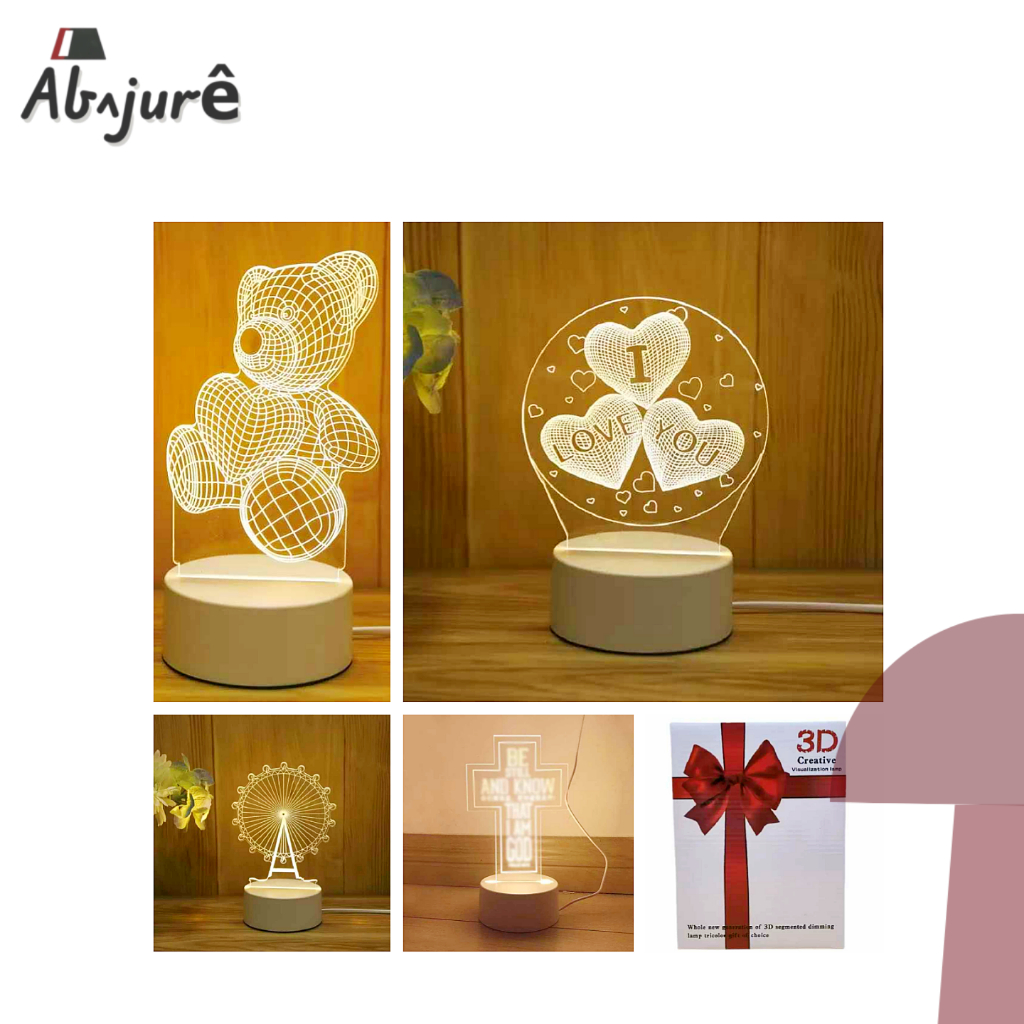 Luminária Acrílico De Mesa Abajur 3D Criativo Luz Noturno Ursinho Roda Gigante Cruz Coração USB LED em Oferta na Shopee