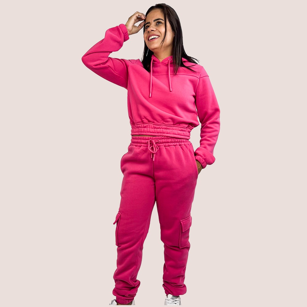 Conjunto Moletom Feminino Cargo Blusa E Calça Bolsos Funcionais E Visual Moderno