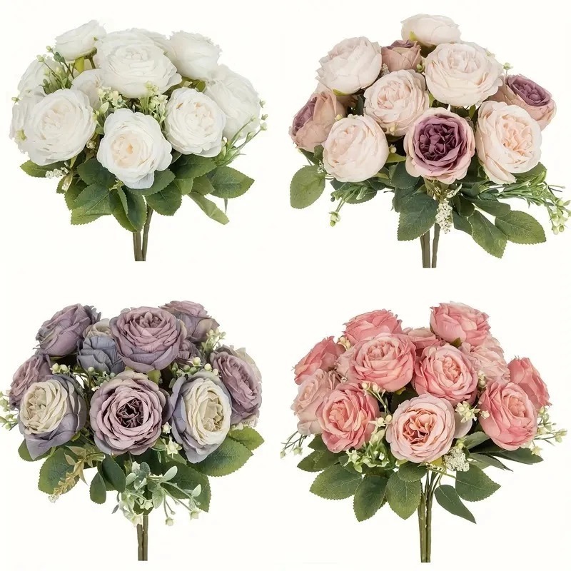 Buquê De Flores Peônia com 5 Rosas Artificiais Decoração Artificial Festa Casamento - A-532
