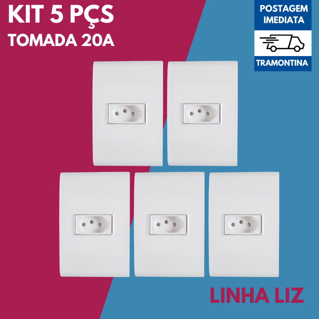 Kit 5 Tomada Simples 2PT+T 20A 4X2 Embutir Linha Liz Tramontina em Oferta na Shopee