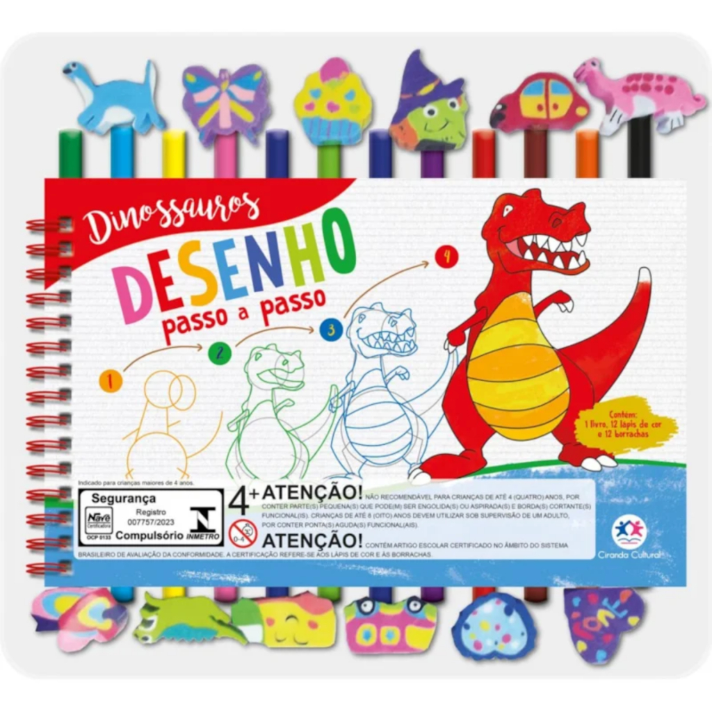 Livro de Desenho Passo A Passo com 12 Lápis e 12 Borrachas Coloridas Interativo