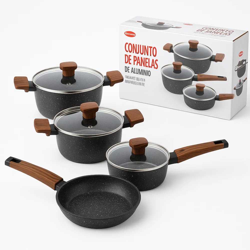 Imagem Jogo Panelas Ceramica 4 Peças Carvalho Vidro  Conjunto Antiaderente Indução