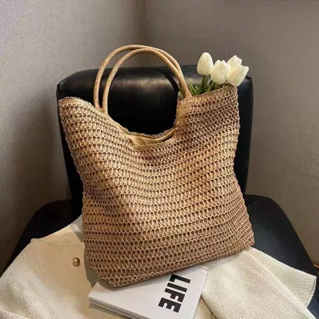 Bolsa de palha grande saco praia verão palha de mao viagem