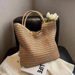 Bolsa de palha grande saco praia verão palha de mao viagem