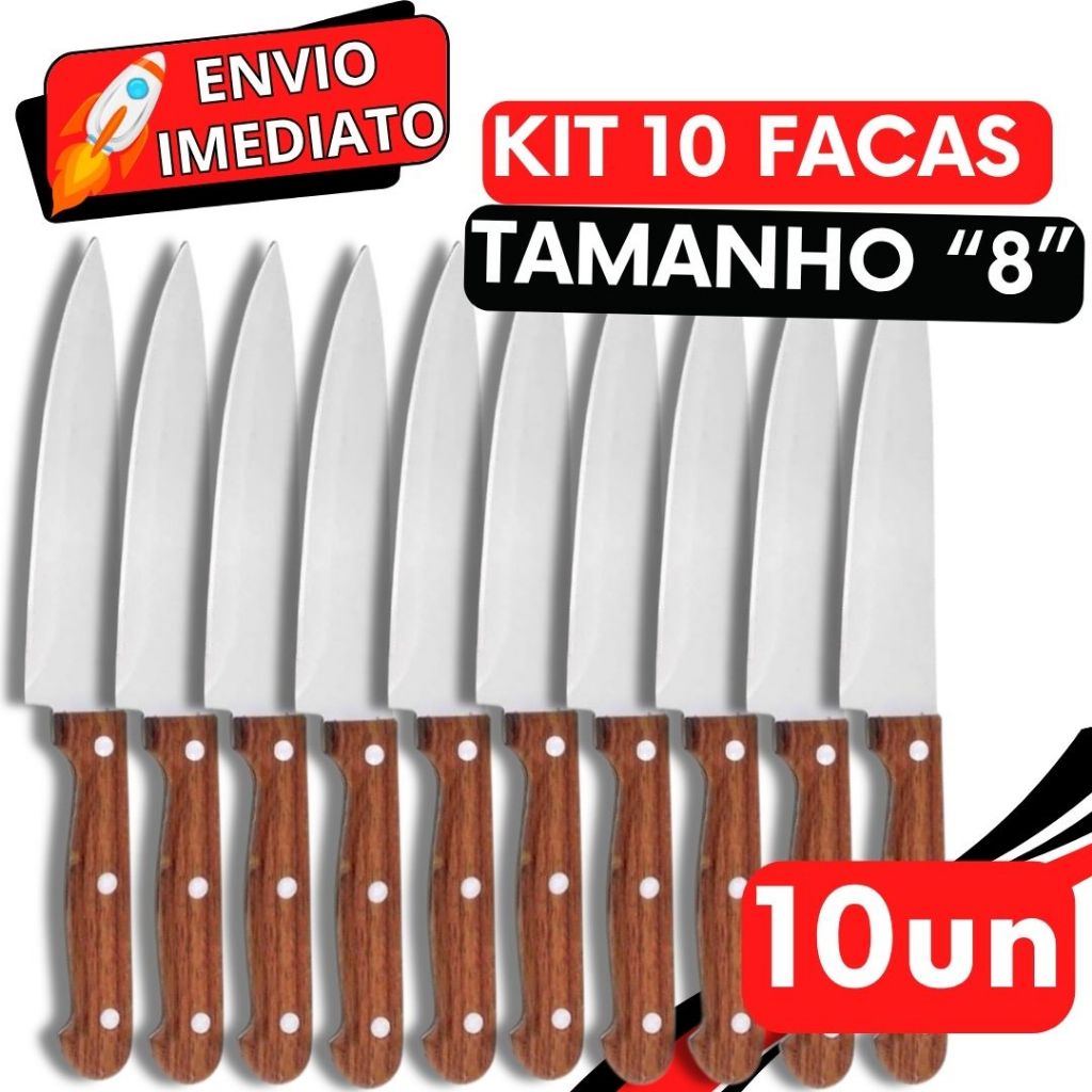 Imagem KIT 10 Faca De Cozinha Churrasco Cabo Madeira Inox Profissional Tamanho "8" 33CM GRANDE para Casa Restaurante Açougue