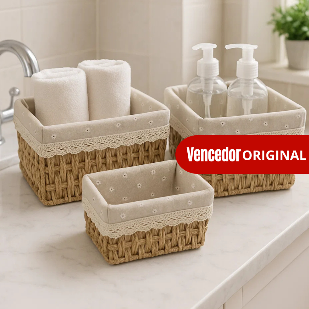 Kit Cesta Organizadora  Revestida em Tecido 3 Peças - Vencedor