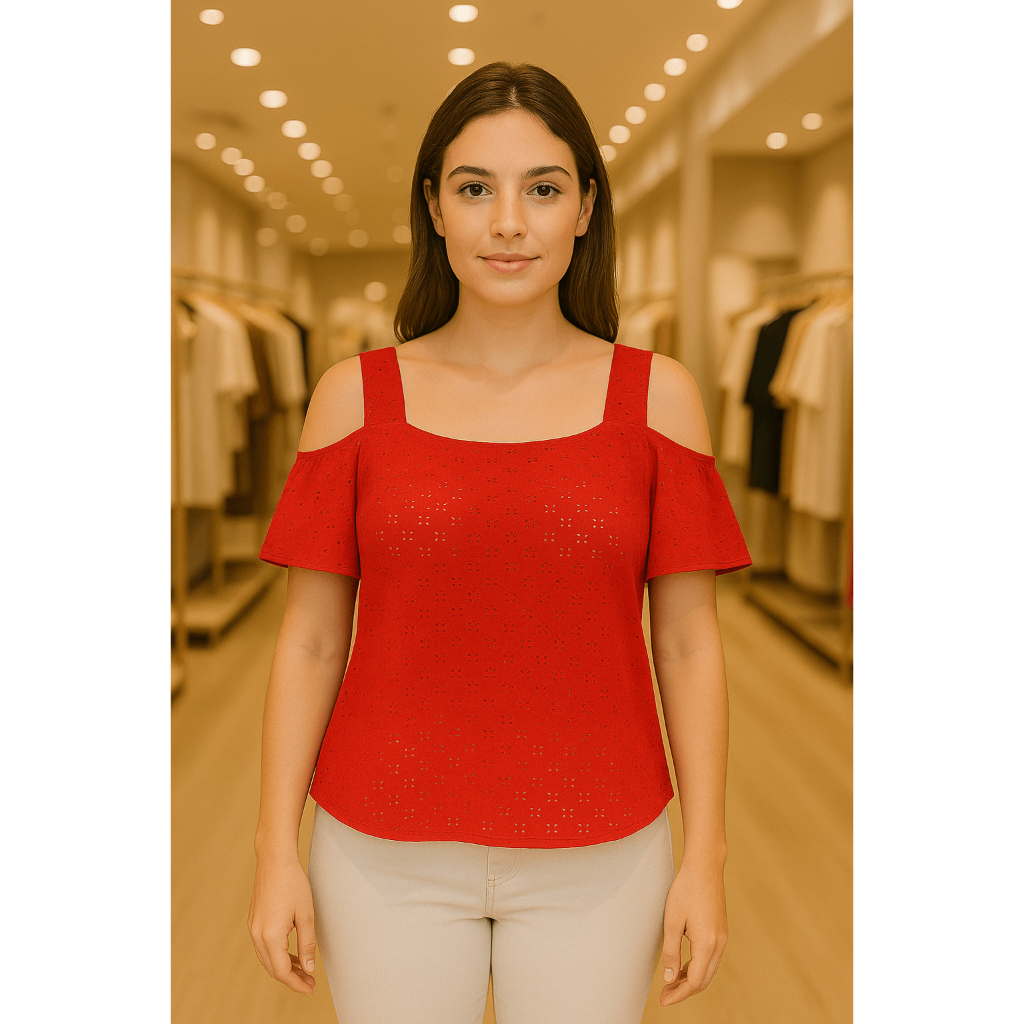 Blusa Feminina Ombro Aberto Estilo Bata Tecido Bordado Inglês