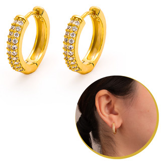 Brinco Argola Cravejada Pequeno Banhada a Ouro Festa Moda Mulher