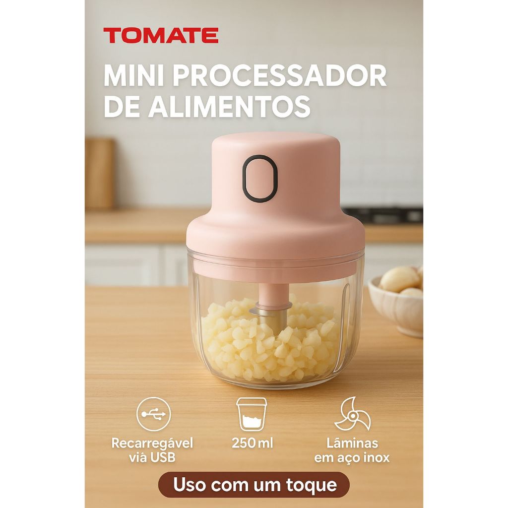 Mini Processador de Alimentos Portátil Tomate 250ml USB Recarregável – Pica Alho, Cebola, Carnes e Vegetais