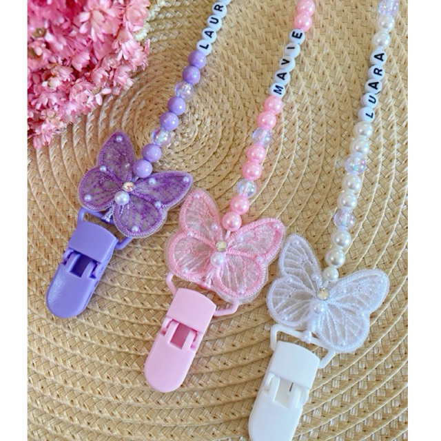 Prendedor de chupeta personalizado borboleta com nome para menina prendedor de bico jardim