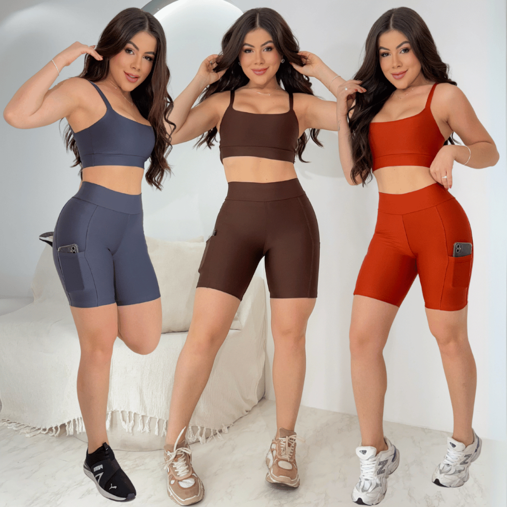 Conjunto Feminino Fitness Top + Short C/ Bolso Suplex Premium Roupa de Academia Treino Corrida