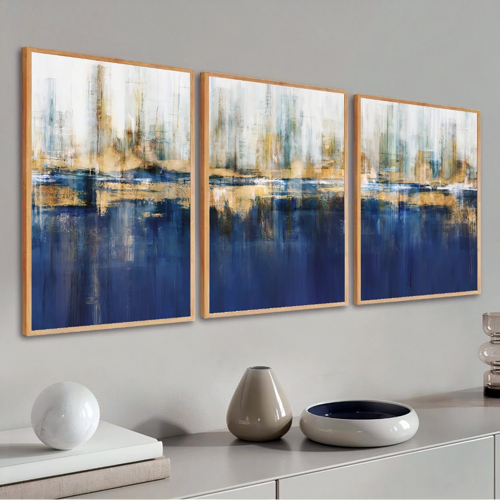 Quadros Decorativos Com Vidro Moldura Grande Abstrato Azul Dourado Para Sala Quarto Escritório 50x70 Moderno