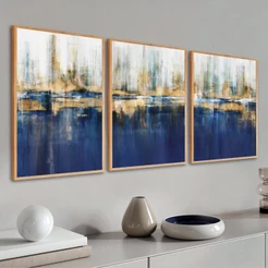 Quadros Decorativos Com Vidro Moldura Grande Abstrato Azul Dourado Para Sala Quarto Escritório 50x70 Moderno