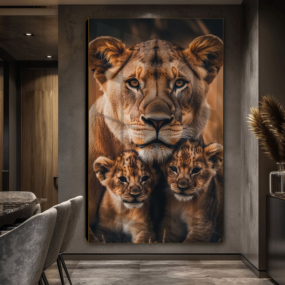 Quadro Decorativo Sala Peça Única Grande Leoa e Seus Filhotes Reflexo Janela Decoração Placa 4K FULL