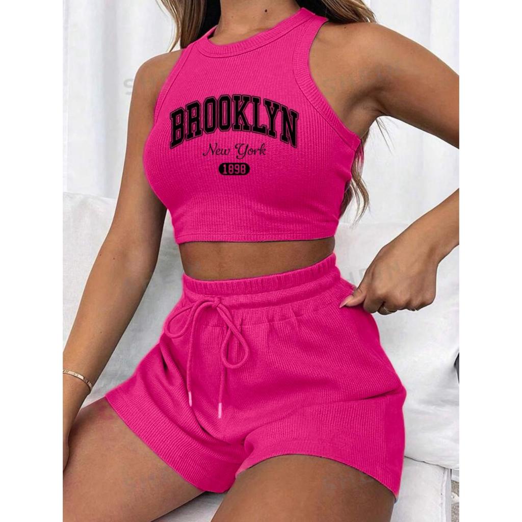 Conjunto cropped e short canelado 3D Feminino