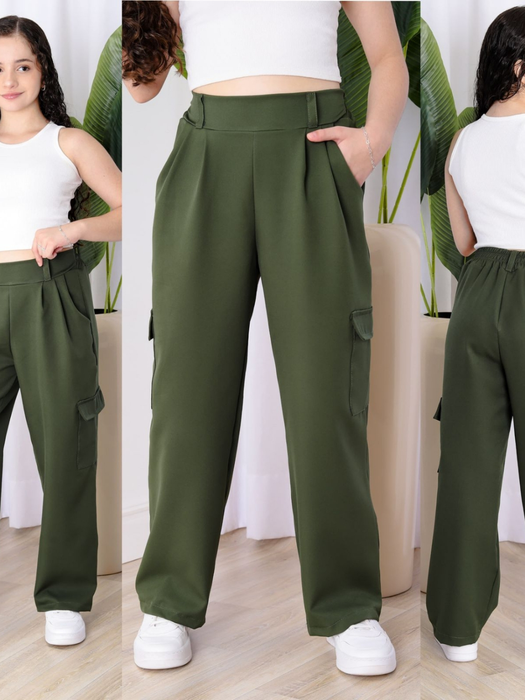 Calça Cargo Pantalona Juvenil Preto, Bege, Fúcsia, Azul, Verde Militar no tecido de Alfaiataria 10 12 14 16. — imagem 2 de 2