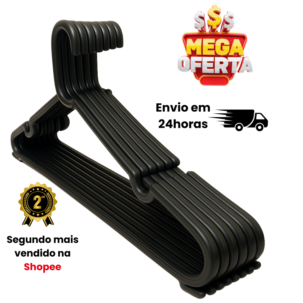 Kit 20 30 40 60 Cabides Preto Reforçado Adulto Linha Premium Envio Imediato em Oferta na Shopee