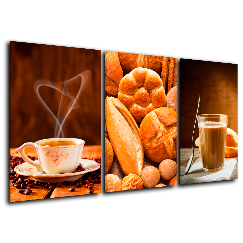 Quadros Decorativos Padaria Pão Xícara de Café Leite Panificadora Cafeteria MDF