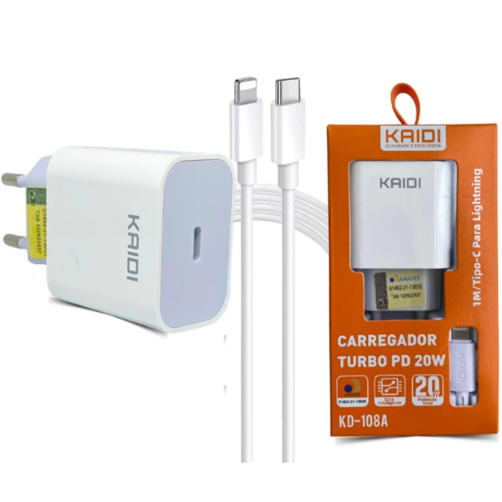 Carregador Turbo Kaidi Pd Tipo C Para Lightning Iphone 20w Kd-108a em Oferta na Shopee