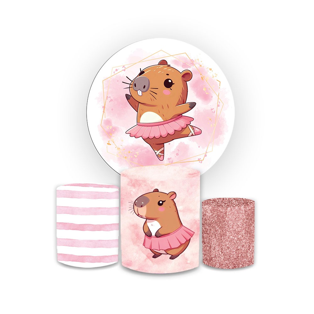 KIT  CAPAS PAINEL SUBLIMADO TEMA CAPIVARA BAILARINA + TRIO DE CAPAS DE CILINDROS VEST FACIL ANIVERSARIO MENINA