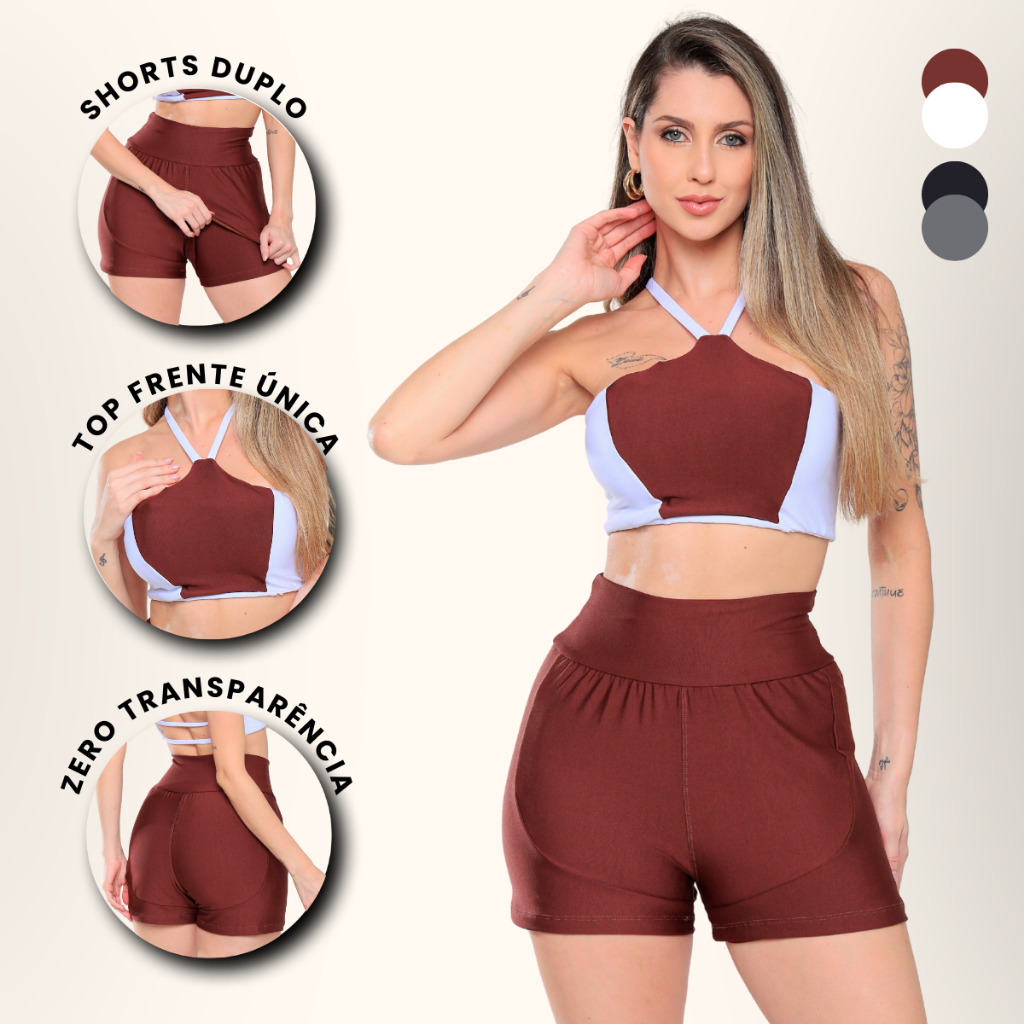 Conjunto Fitness Academia Feminino Top Bojo Frente Única Costas Vazada e Shorts Duplo em Oferta na Shopee