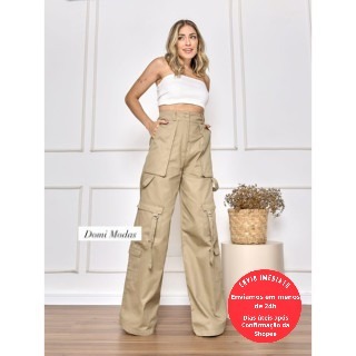 Domi Modas Calça Cargo Wide Leg Feminina Sarja Bolso Lateral Flare Pantalona 6 Bolsos 8505