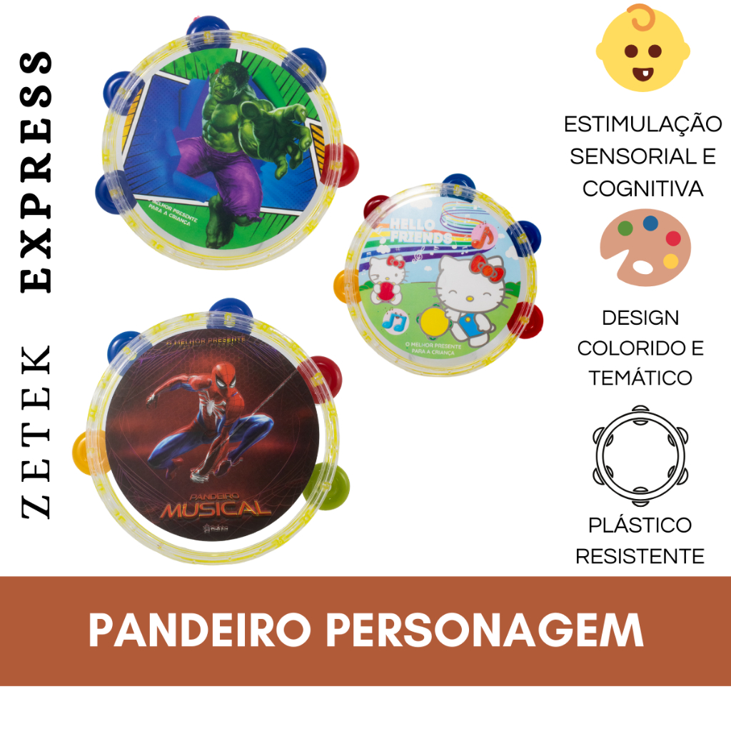 Pandeiro Infantil Instrumento Musical Brinquedo Educativo Ativação Sensorial Personagens Criança