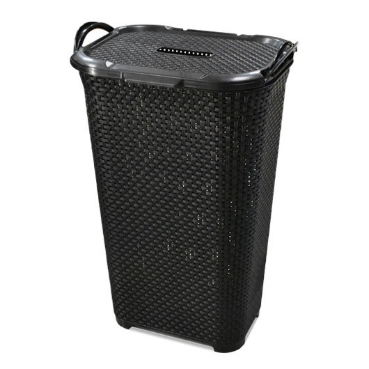 CESTO RATTAN COM TAMPA BASCULADA PRETO 50 LITROS em Oferta na Shopee