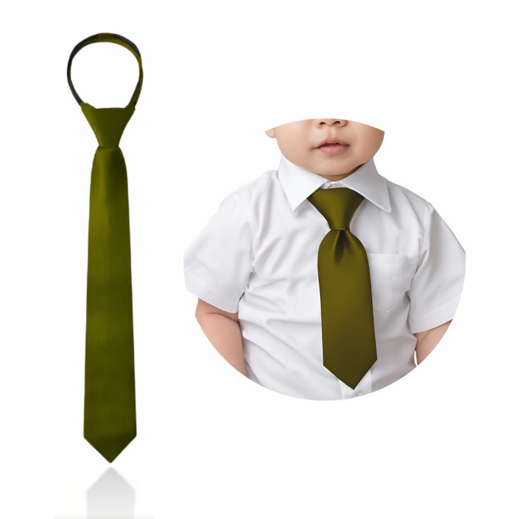 Gravata Slim Infantil Verde Oliva e Mais Cores 0/6 anos C/Nó Pronto e Zíper Pajem Festa Batizado Mêsversário Social