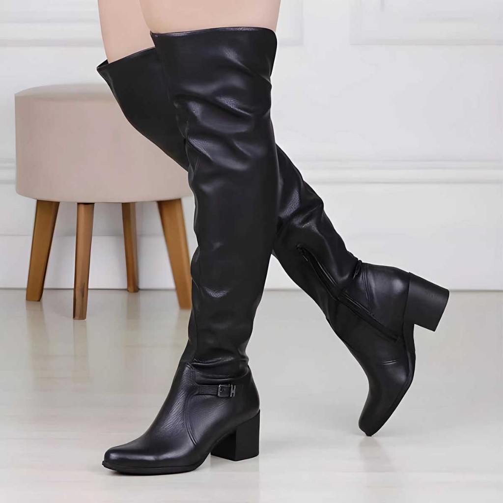 Bota Feminina Over Couro Legitimo Cano Alto Salto Bottero cano longo alto salto grosso bloco