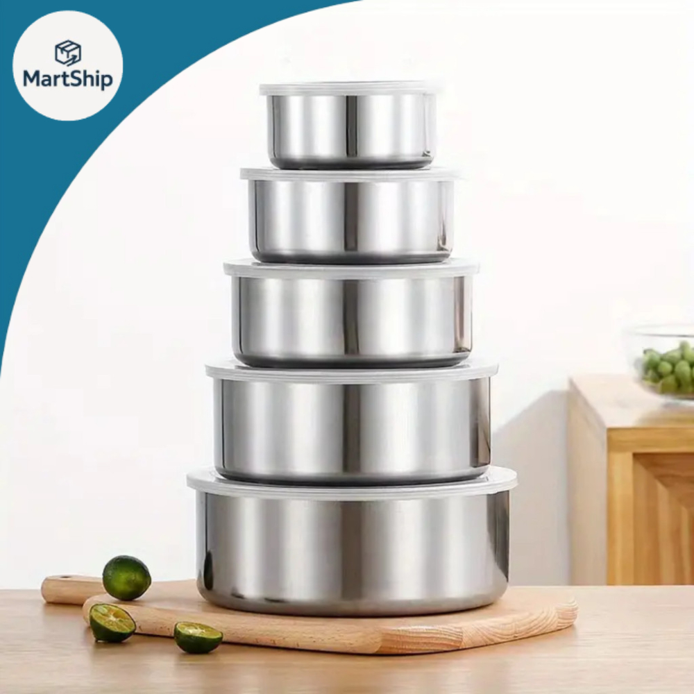 Jogo 5 Potes Hermeticos Tigelas em Inox Alumínio Com Tampa Redondo Cozinha Comida Marmita