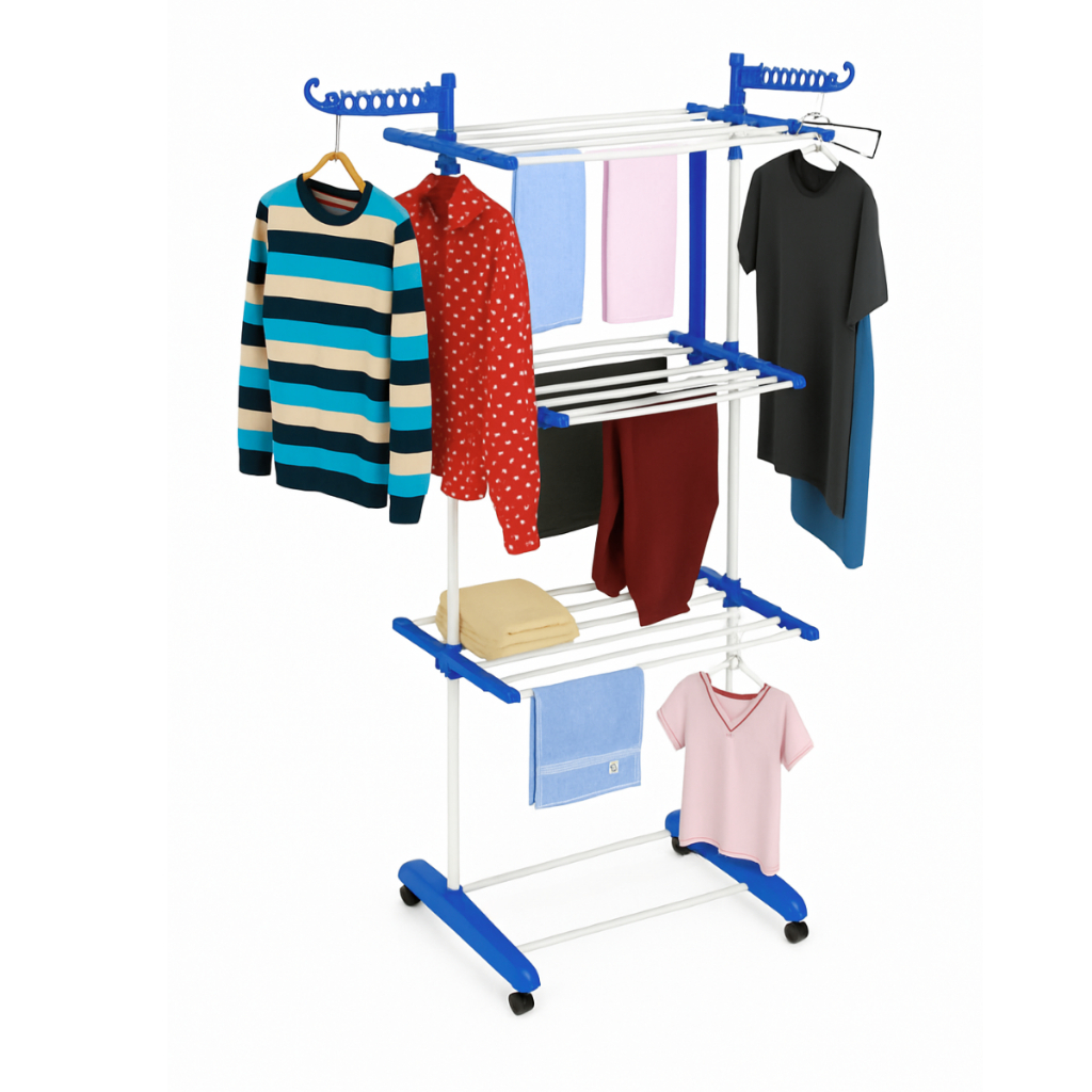 Varal De Chão Grande 3 Andares Dobrável Retrátil Azul Roupas