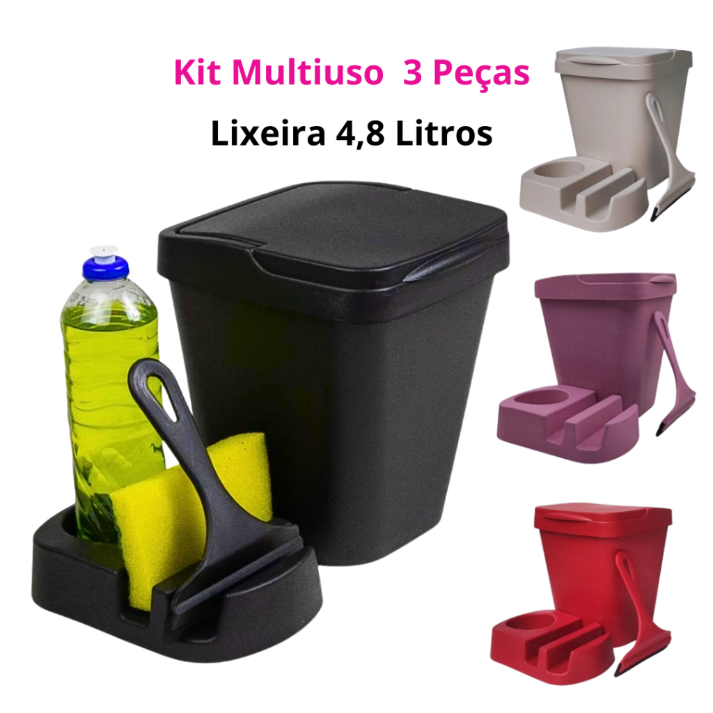 Kit Pia Multiuso Elegance Porta Detergente Rodinho Lixeira 4,8 Litros