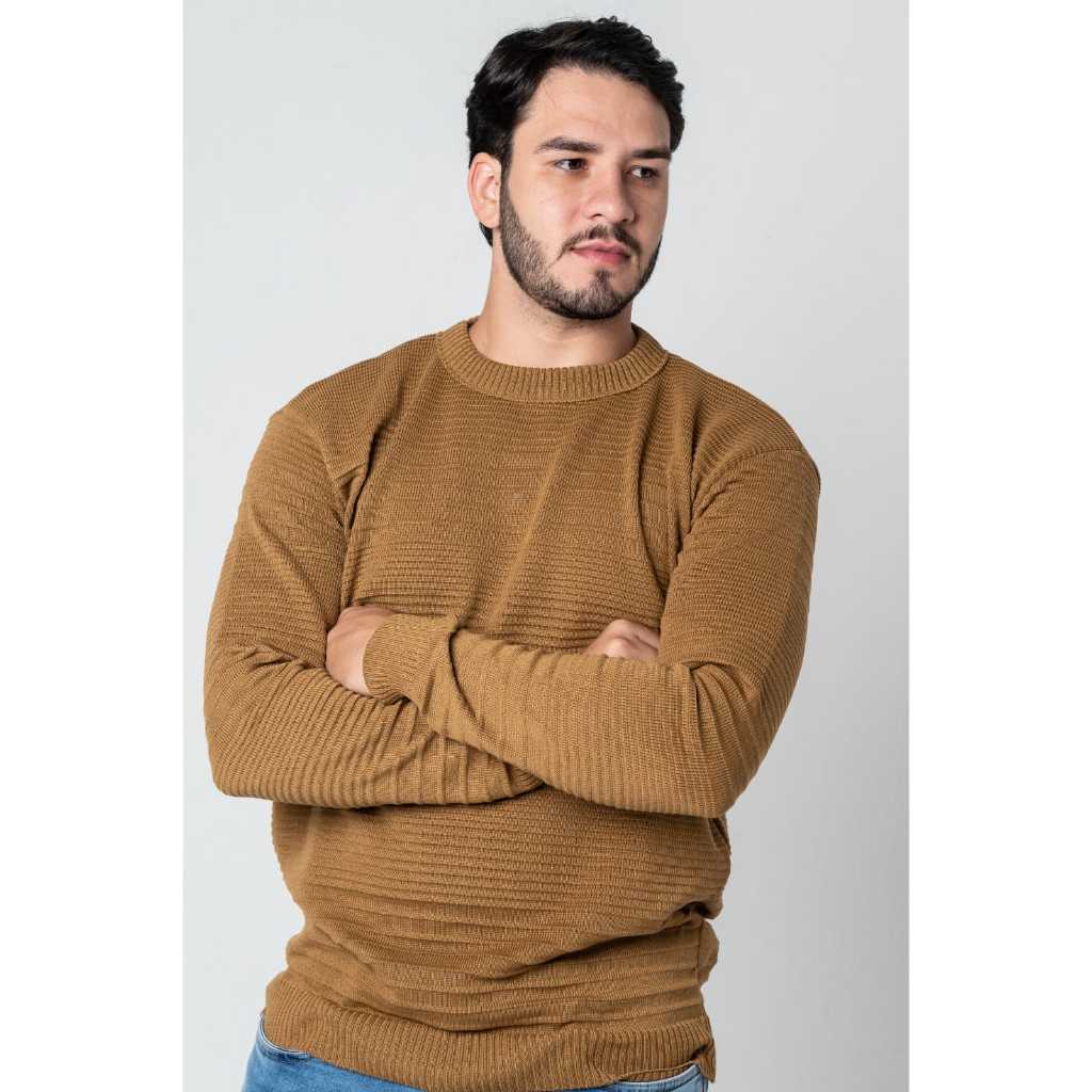 Suéter Masculino de Tricô Blusa De Frio Texturizada Gola Redonda Casual Nervura