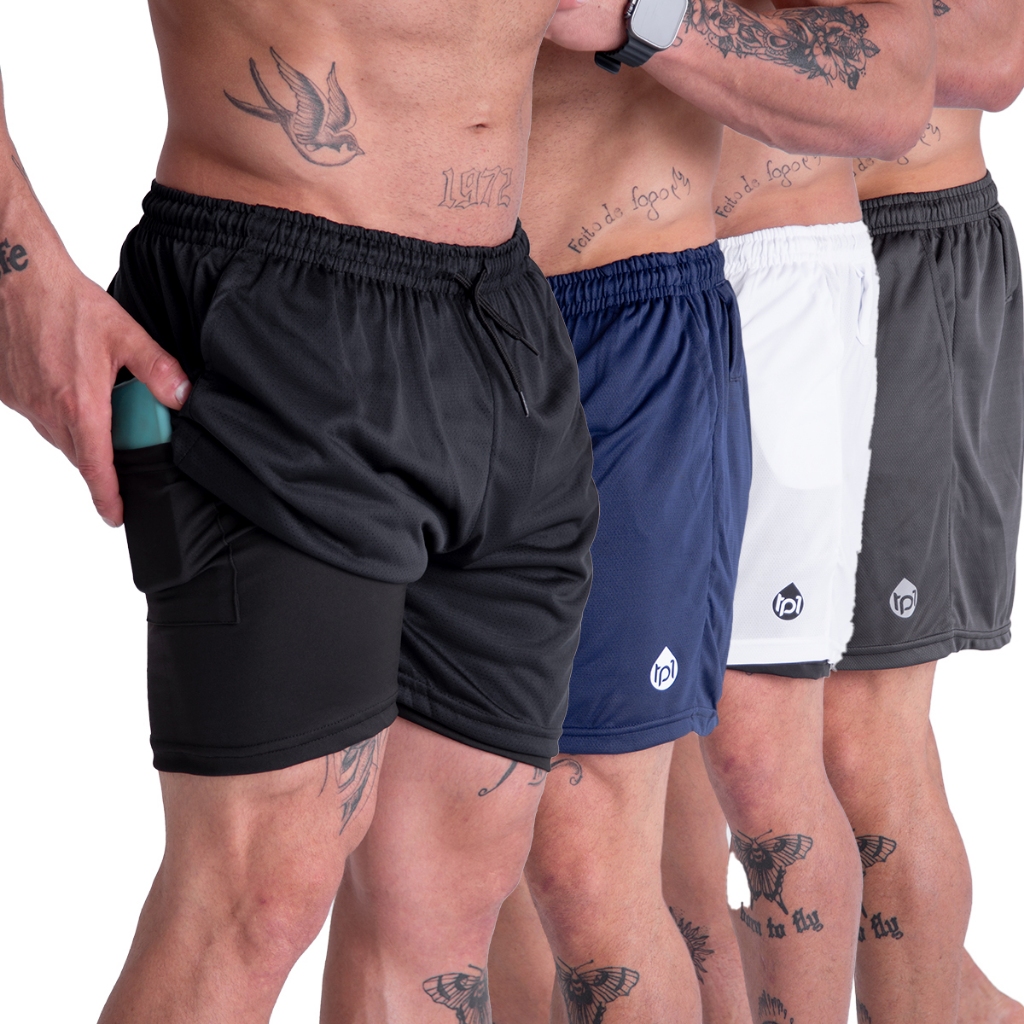 Kit 4 Shorts Duplo 2 em 1 Masculino Esportivo Com Suporte para Celular Academia