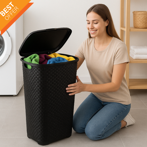 Cesto Rattan 50L com Tampa Basculada Preto Branco Arqplast Telado