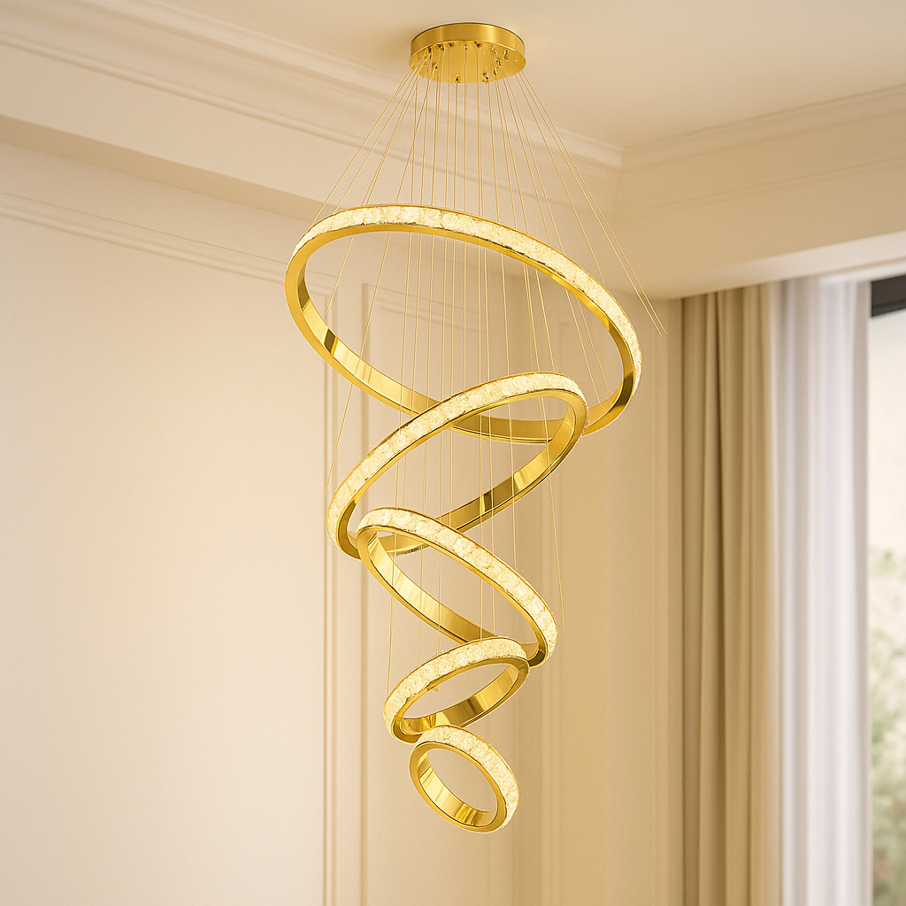 Pendente Lustre de Luxo Cristal Moderno 5 Anéis Led Branco Quente Sala Decoração Cabo de aço Lustre de Cristal Luz LED