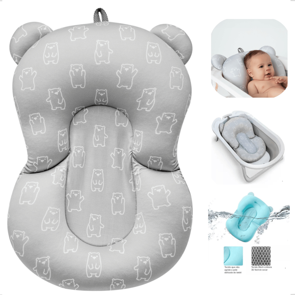 Almofada Encosto Banho Cabeça Bebê Ursinho Urso Cinza Banheira Poliester Recem Nascido Buba Rede