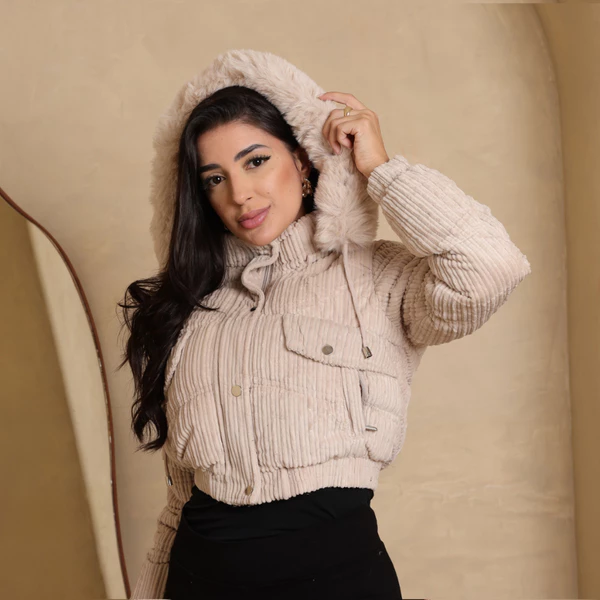 Jaqueta Puffer Cotelê Canelado Forrada Peluciada Feminina Com Capuz Removível Cropped Tendencia Coleção 2025