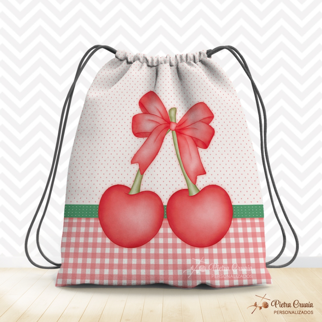 Kit com 5, 10 e 15 unid. Mochila saco surpresa Cerejinha do Bolo/ cerejinha Tamanho 19x28cm Médio