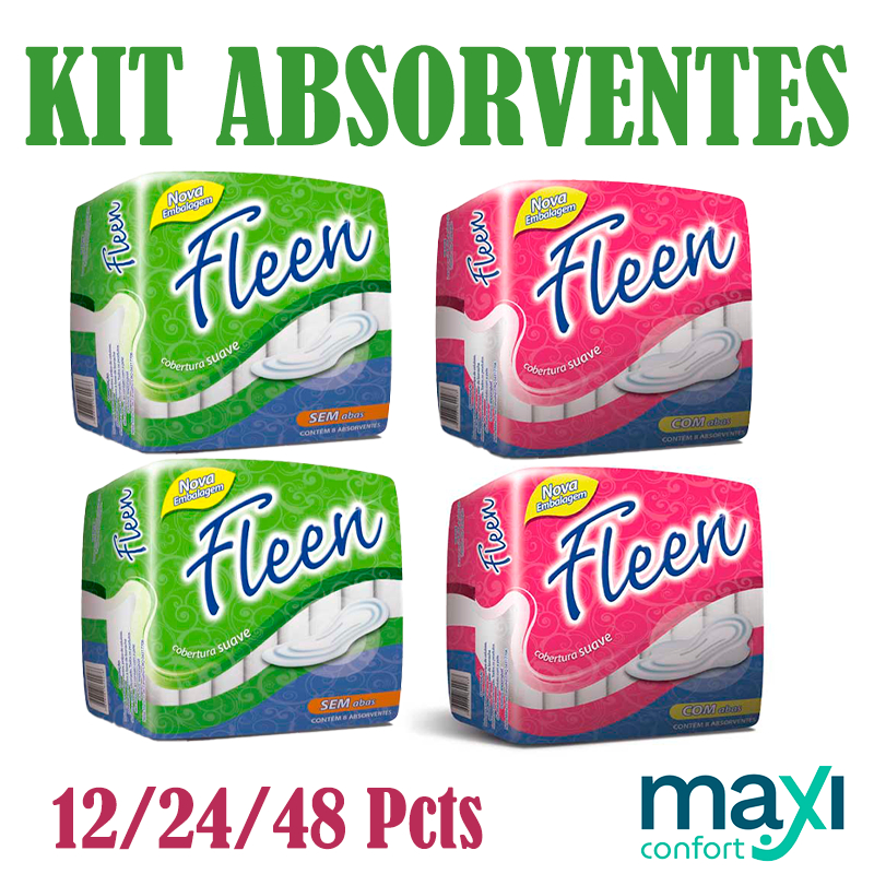 Kit 12/24/48 Absorvente Feminino Fleen Com e Sem Abas | Ultrafino Gel Superabsorvente | 8 Unid por Pacote