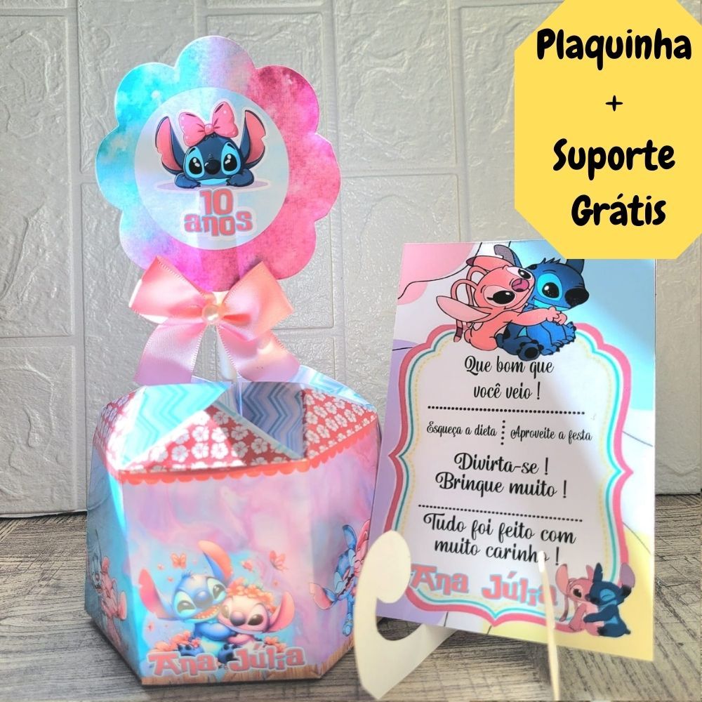 Centro de Mesa Stitch e Angel +Plaquinha Cachepô Kit Personalizado Lembrancinha Arranjo Enfeite de Festa de Aniversário