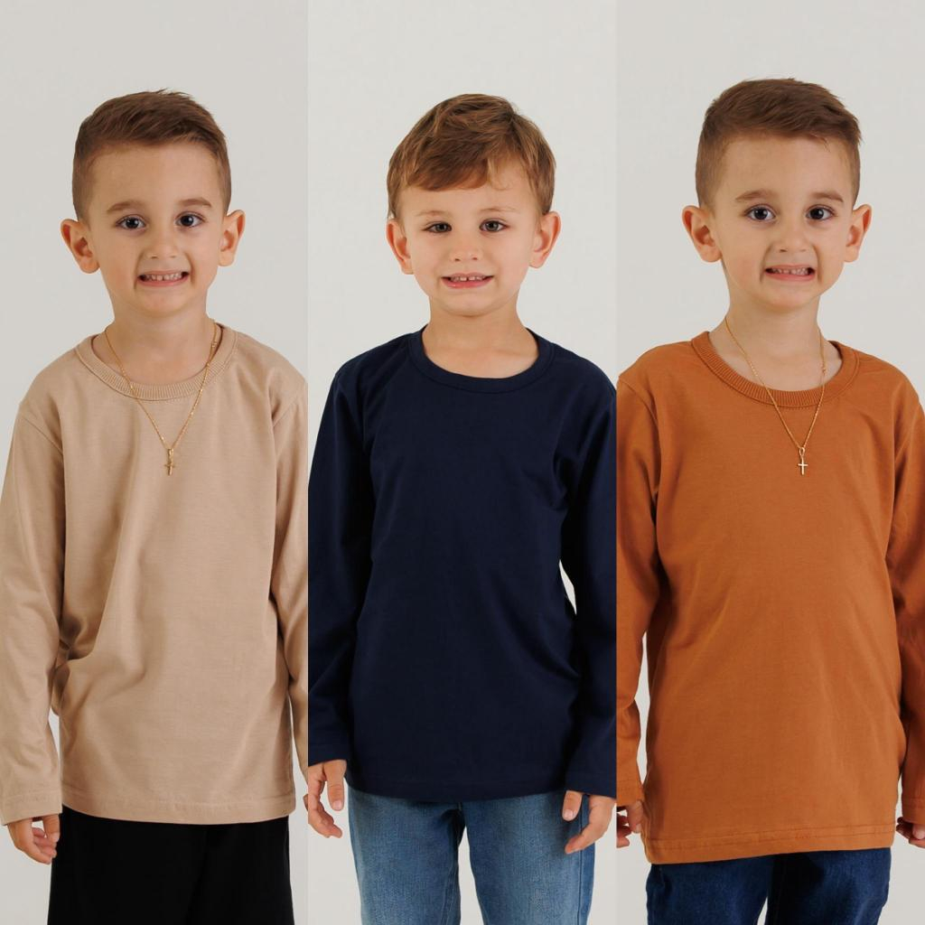 kit 3 Camiseta Básica Infantil Menino manga Longa de meia Malha 1/2/3/4/6/8/10 em Oferta na Shopee